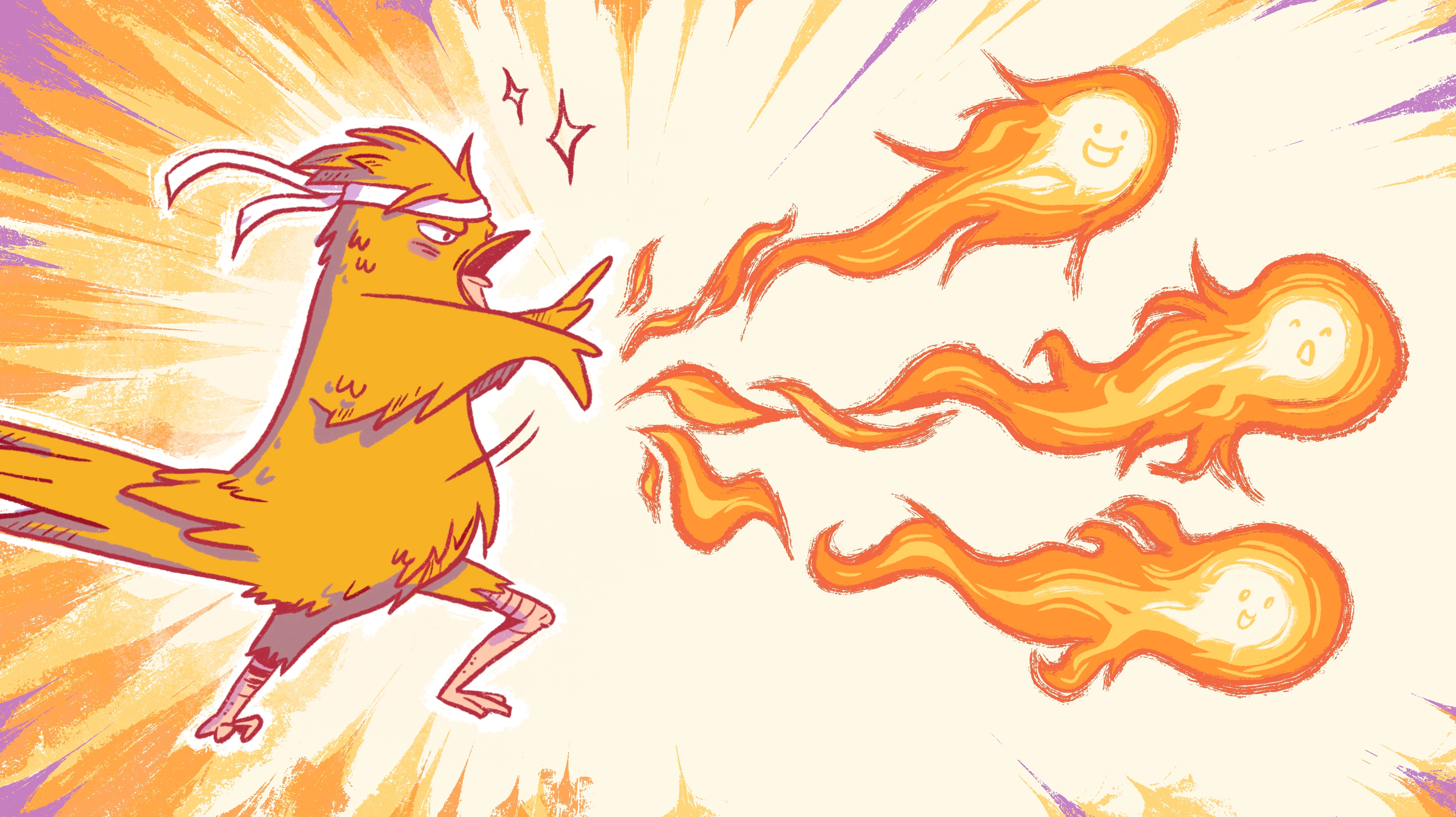A cartoon yellow bird wearing a white martial arts headband stands in a fierce "hadouken"-like pose. Three streams of fireballs shoot out of the bird's out stretched hands.