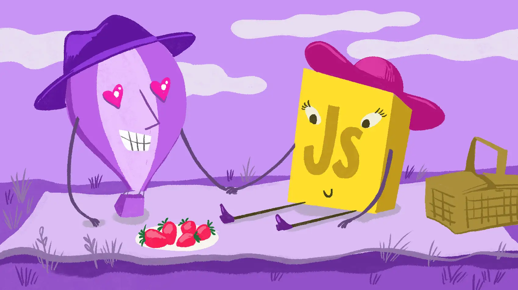 A ballon and the JS logo holding hands and having a picnic lunch