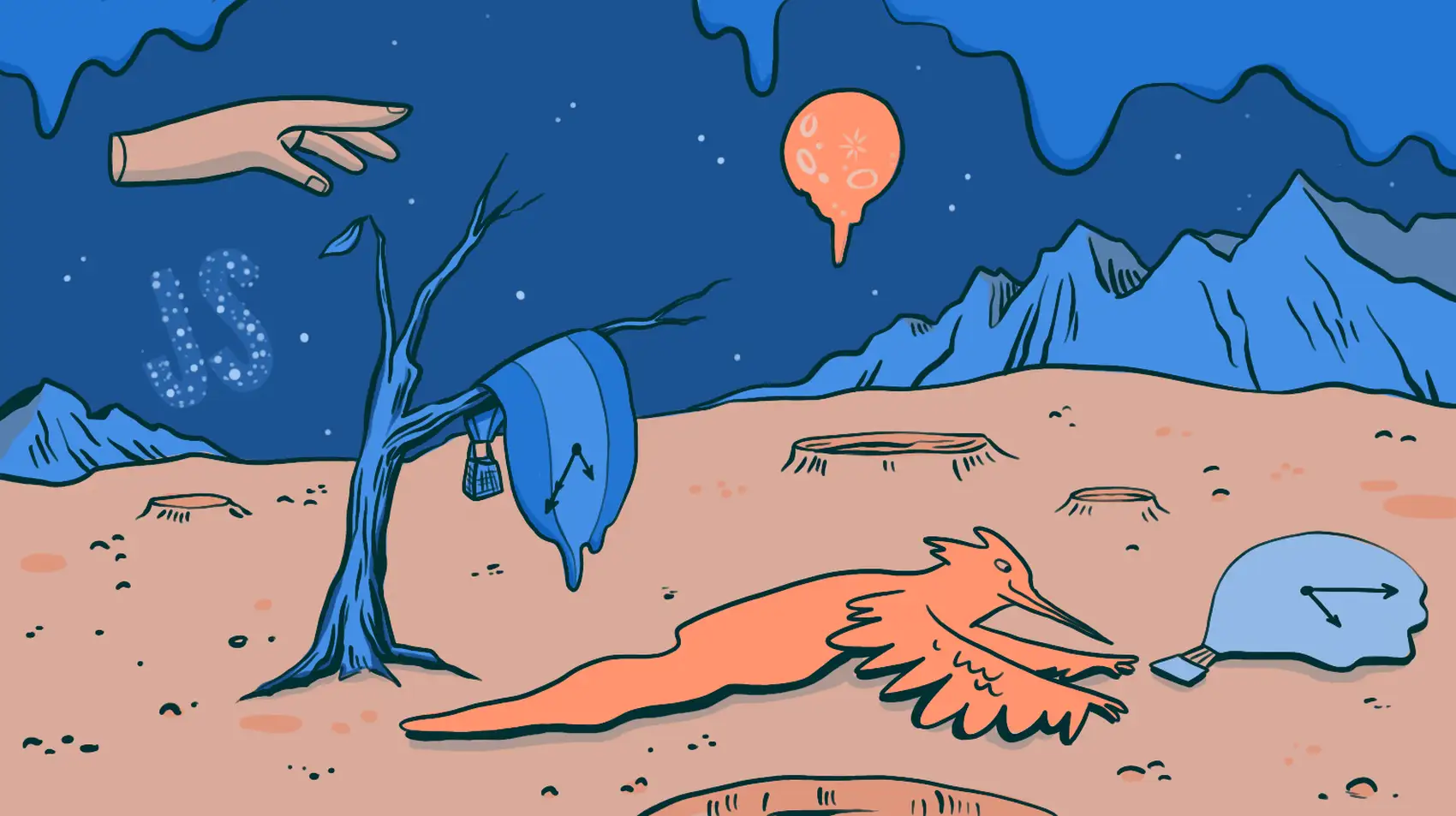 A landscape vaguely inspired by Salvador Dali's The Persistence of Memory  including a melted baloon clock, craters, a disembodied hand, mountains, and a JS logo in the sky