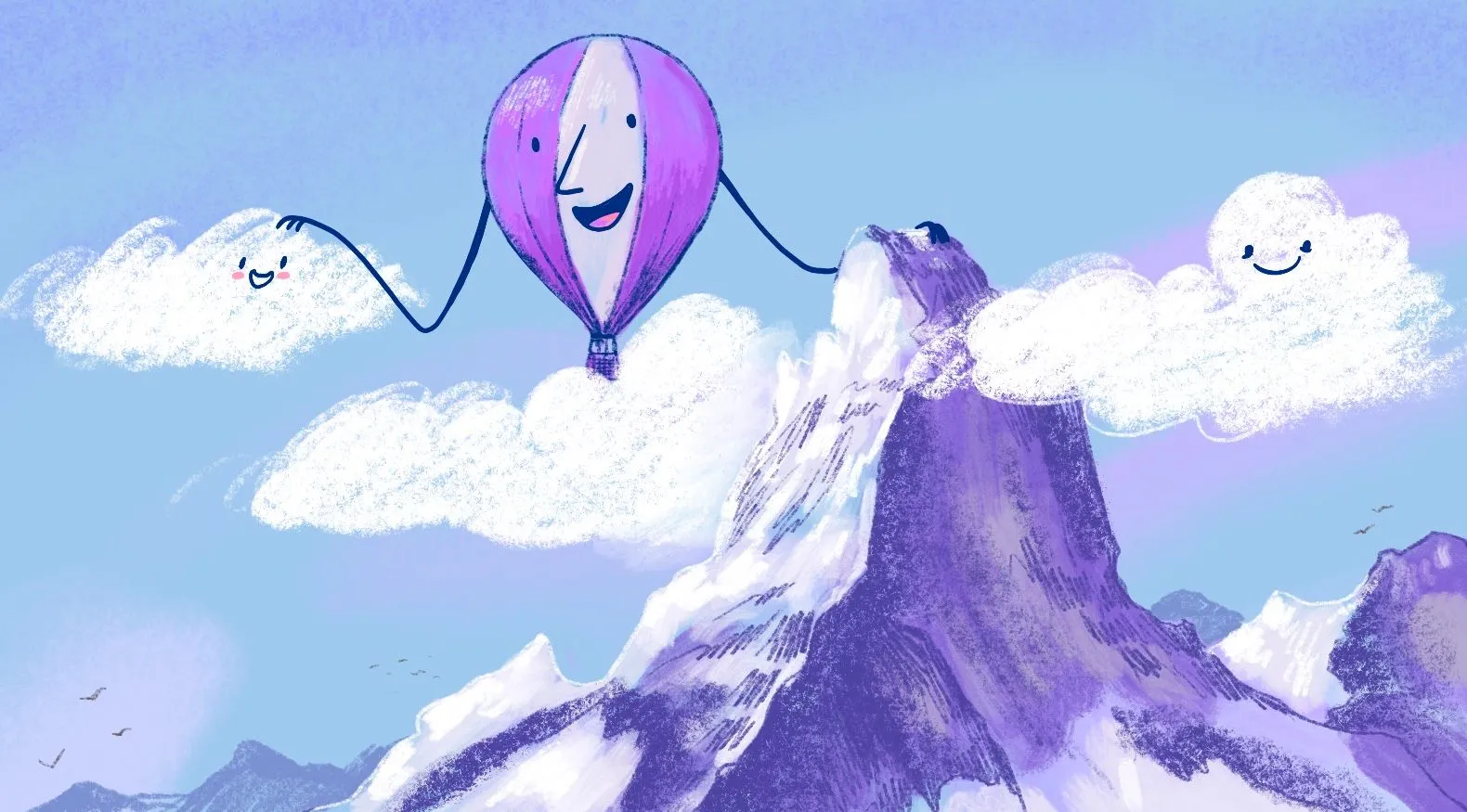 A purple hot air balloon chatting happily with clouds above a mountain range