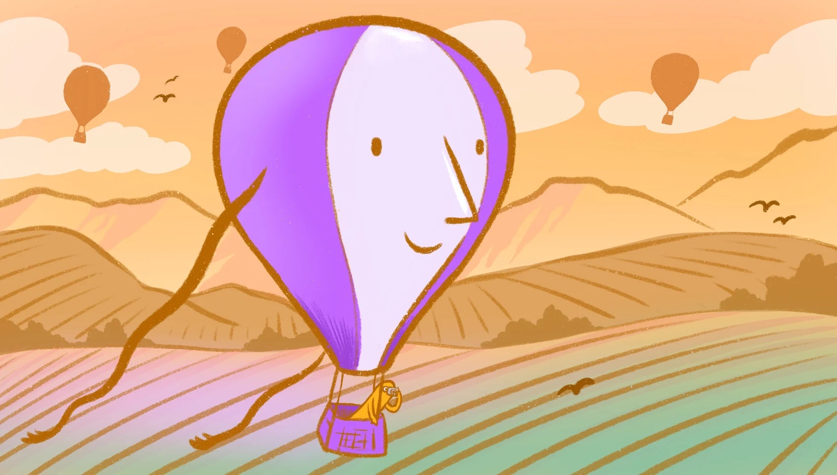 A purple hot air balloon soaring through the sky.