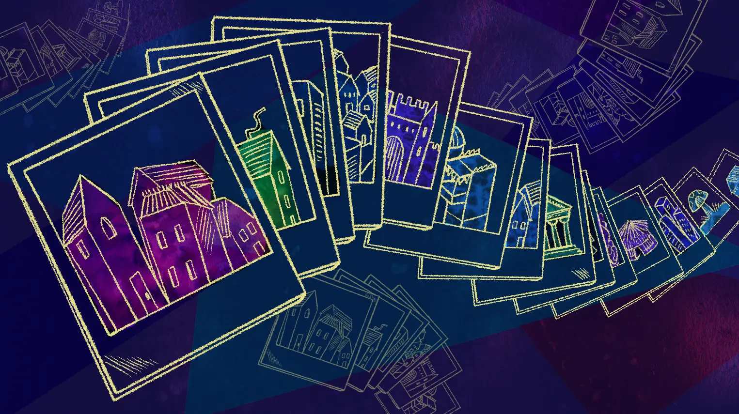 Photographs of buildings stacked up one after the other, forming a spiraling line of photographs fading away into the background.