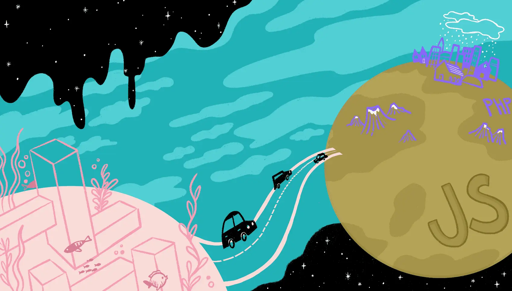 The background is set in a dark, but star-studded outerspace. Two planets are bridged together with a winding bridge, similar to two slightly-curled ribbons enclosing a highway road. The first planet to the left is aquatic with a pink hue, while the planet to the right is a terrain containing 