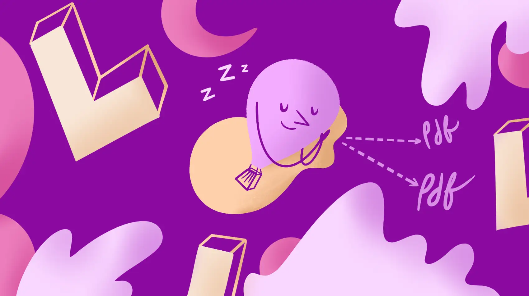 A balloon is sleeping and dreaming about pdf's. It represents a Fly.io machine because those can go to sleep in between jobs.
