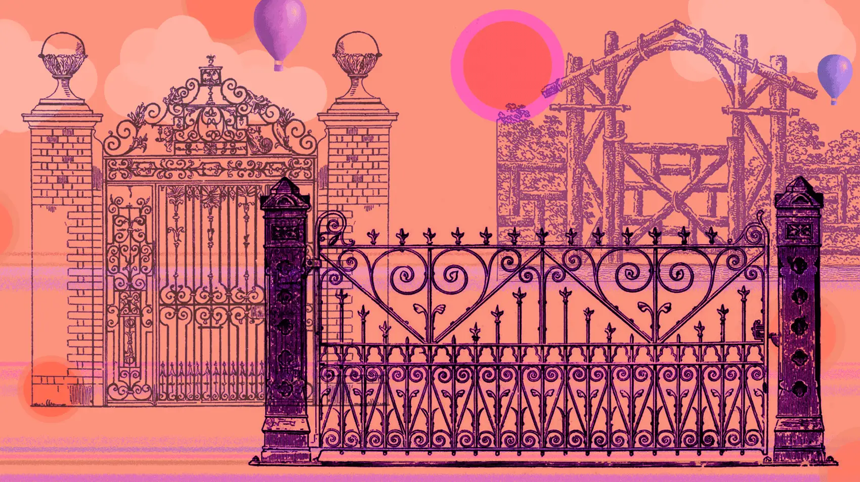 Three different gates stand below a backdrop of late afternoon sky. Purplish air balloons, clouds, and a setting sun can be seen floating above the gates. The first gate's post is brick like, the second gate's is cement like, and the third gate's is pure wood.