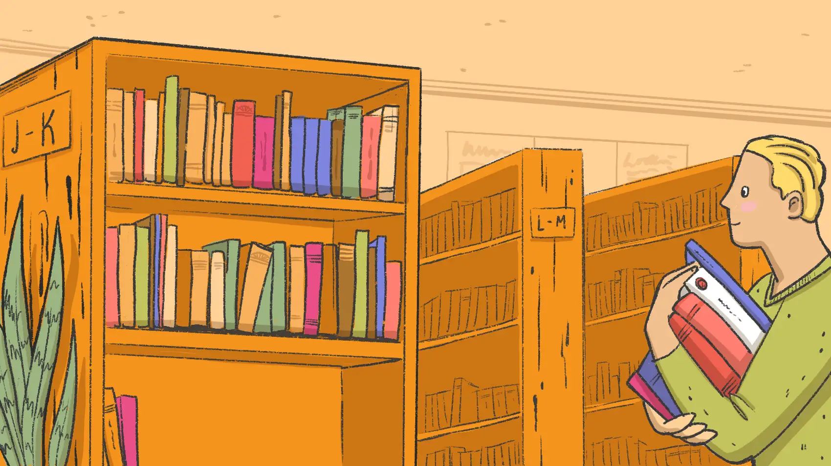 A book shelf is shown with the first two upper shelf filled with books, with its third shelf containing only two books. A person is seen approaching the shelf carrying several books. Two additional book shelves are seen on the right of the first bookshelf, with all their shelves filled with books.