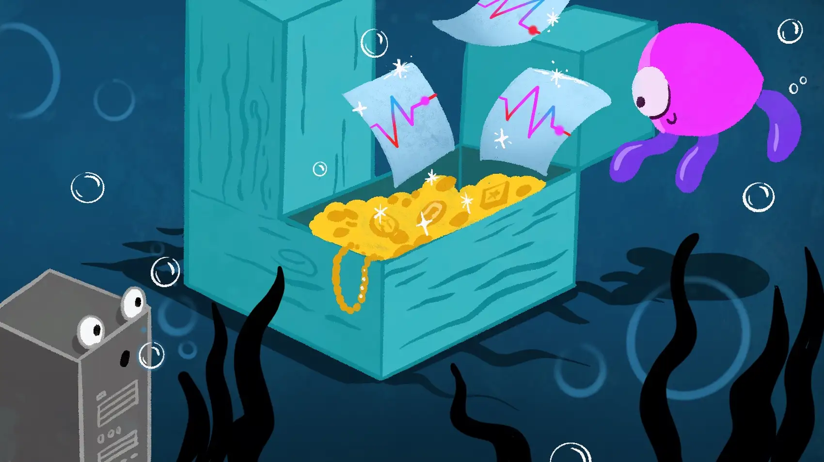 Livewire mascot dives into underwater of treasure chest that Pulse extends to us.