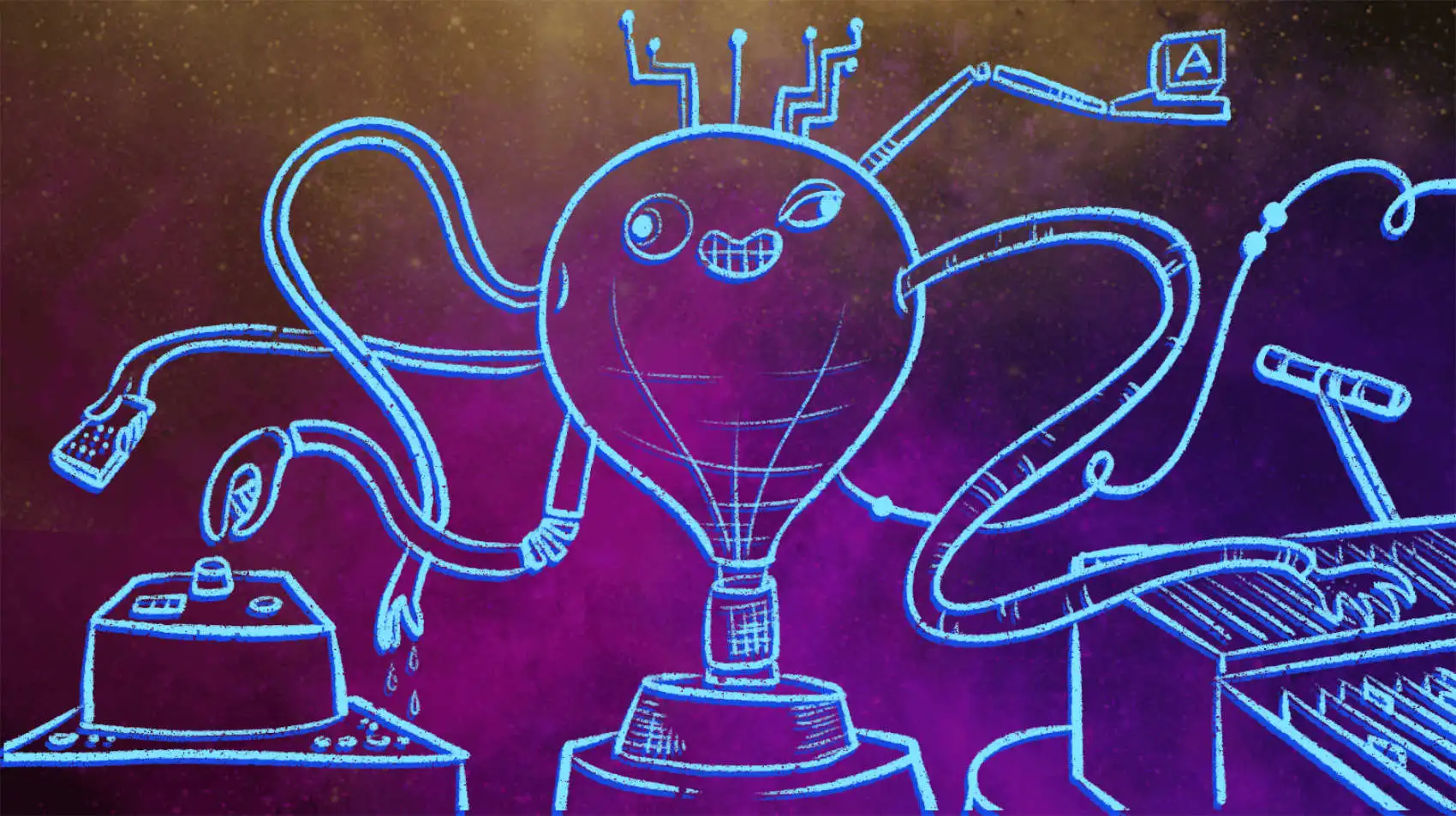 A space balloon creature with 6 hands. 3 On the left handles a remote, a button, and a droplet. 2 on the right holds a file and sifts through a record of documents separated into two boxes. The background is set in a gradiently pink and dark outerspace.
