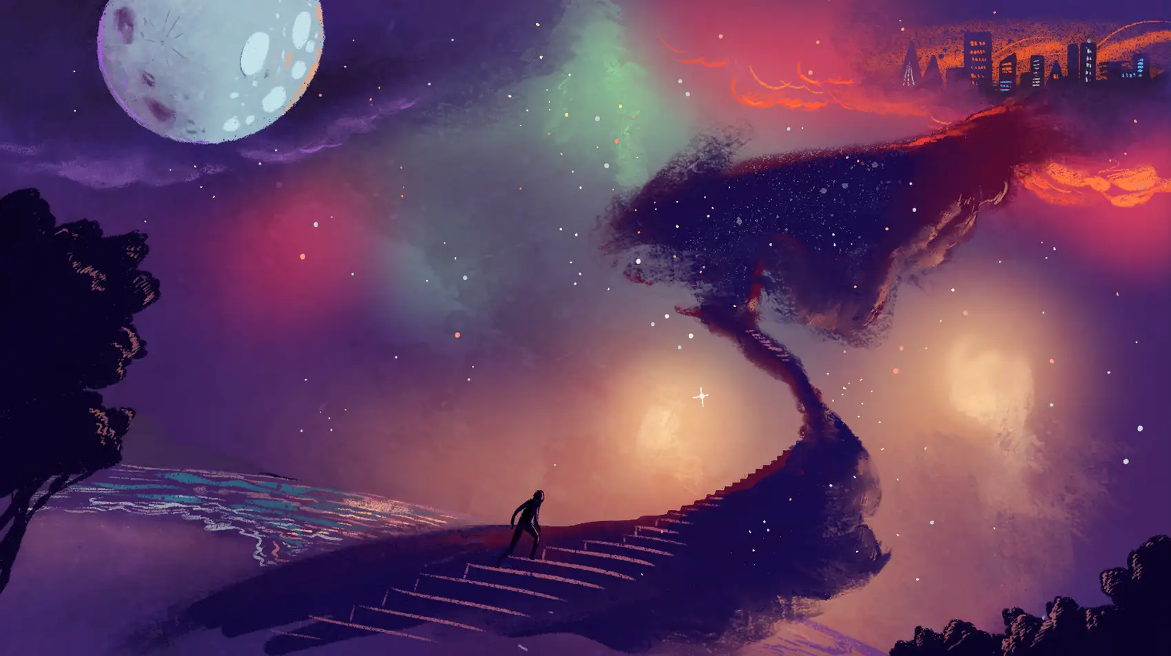 Two realms in a dark, yet brilliantly, colorfully lit galaxy, connected with a stepping bridge. A moon hangs above the bridge, as a figure crosses the bridge.