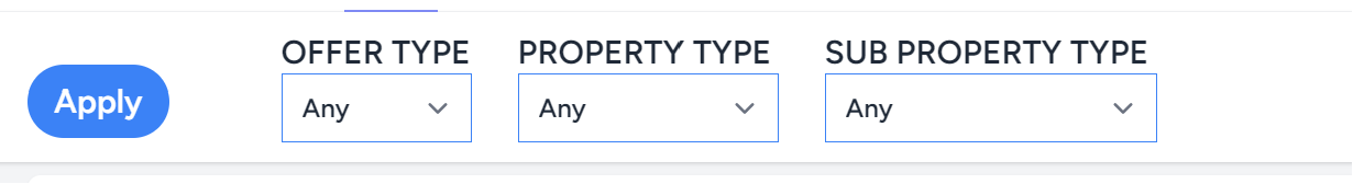 A filter section containing a button labeled "Apply", and three drop-downs: "Offer Type", "Property Type", "Sub Property Type"