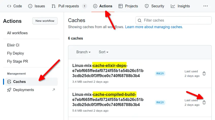 Annotated screenshot of Github cache management interface