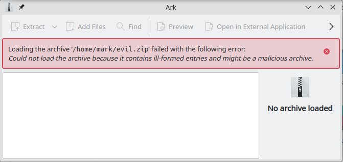 Ark compression program showing warning message refusing to open a zip file
