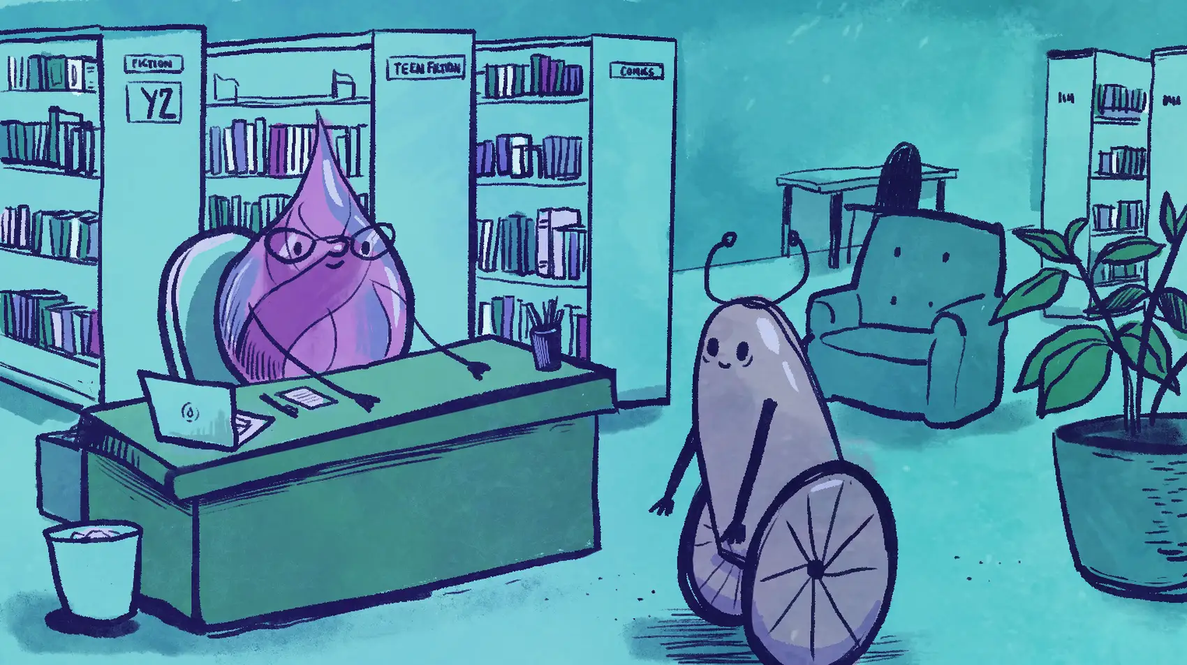 A purple droplet representing Elixir as a librarian and a robot representing ChatGPT as a patron.