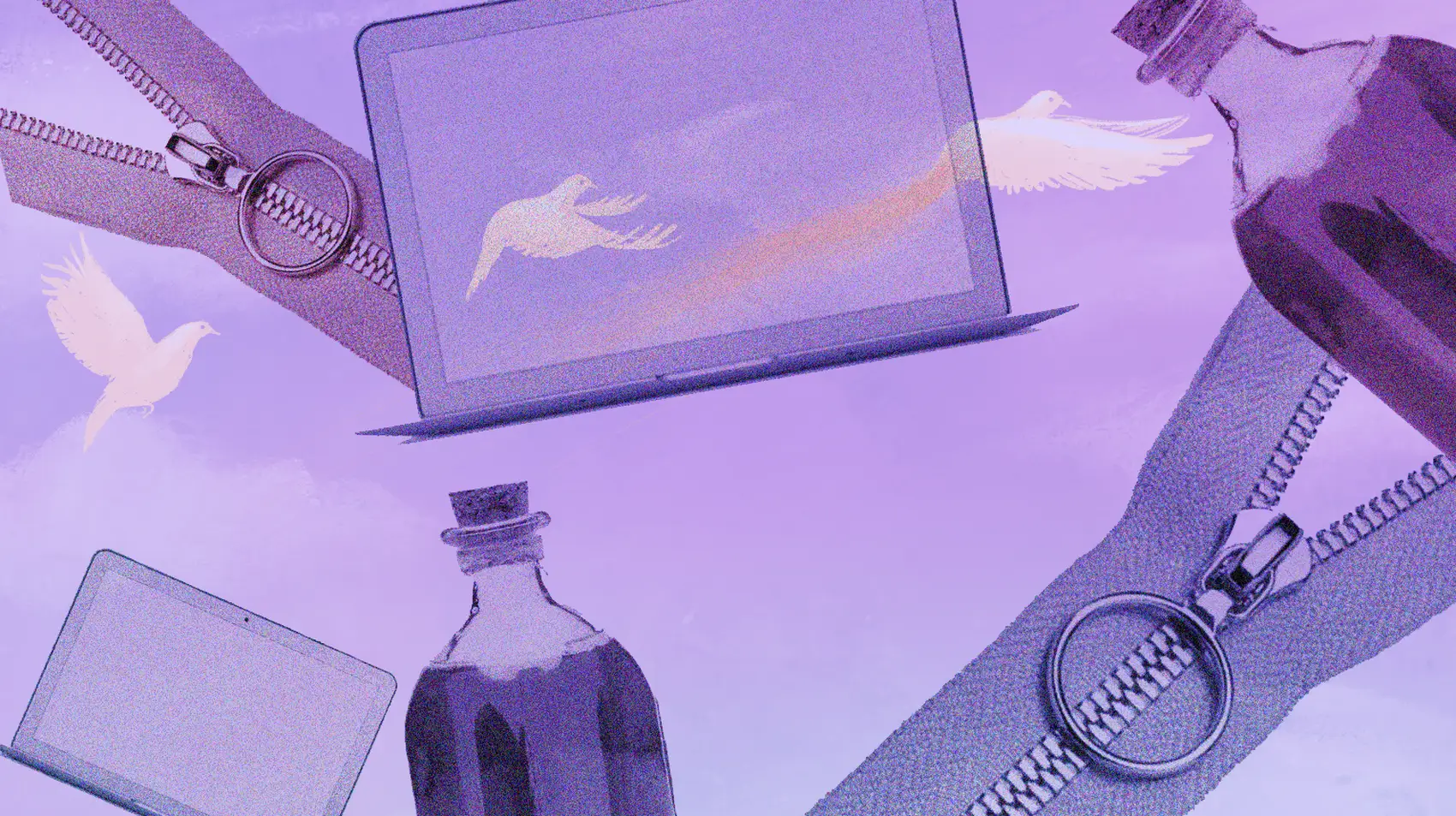 Cover image of floating laptops, purple liquid filled bottles and zippers.