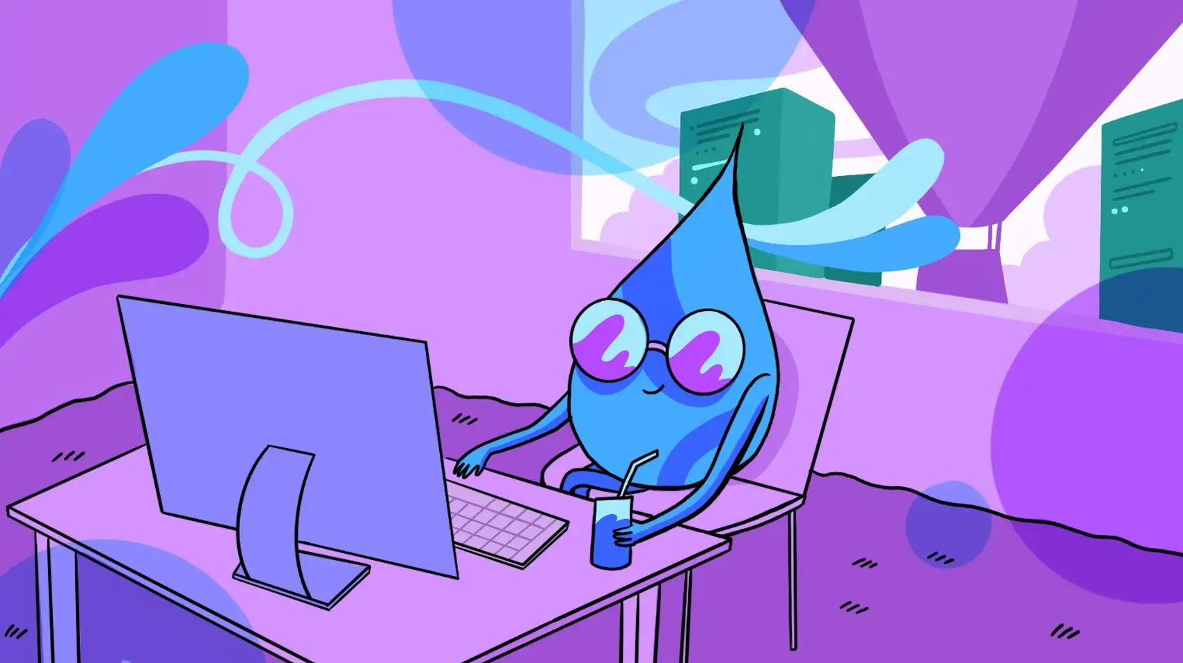 A cool Elixir drop character wearing sunglasses at a computer. The computer is wired directly to a Fly balloon out the window.