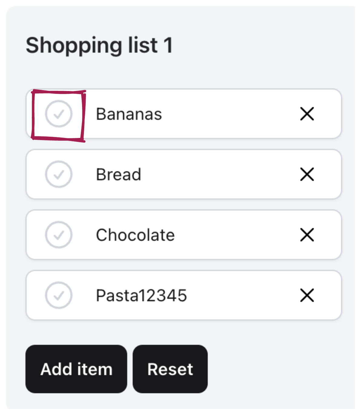 This is a screenshot of the shopping list component. In the screenshot, there is a button highlighted by a red square. This button can be used to toggle the status of an item in the list.