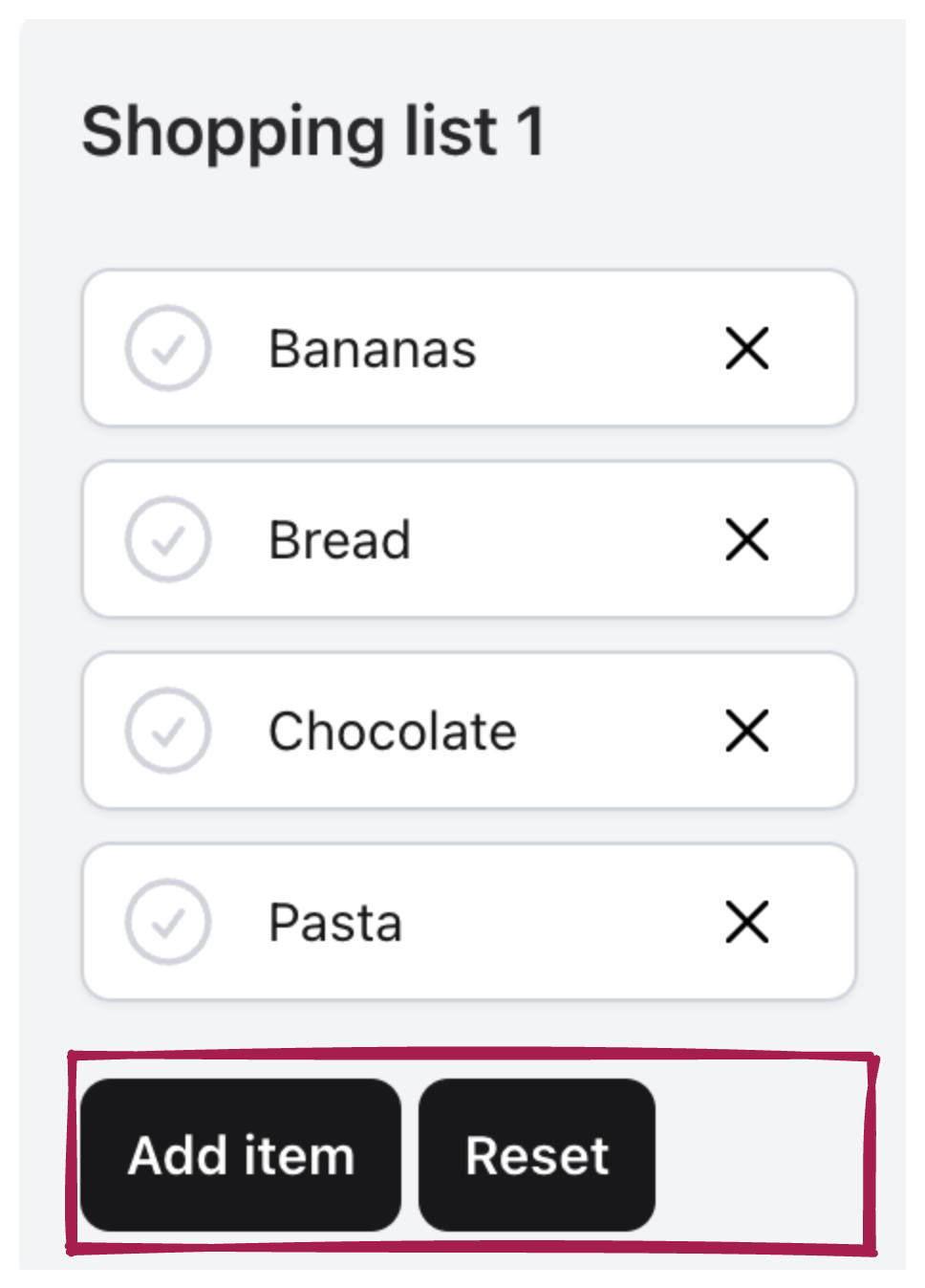 This is a screenshot of the shopping list component. Below the list items, there is a highlighted section containing two buttons. The first button is used to add a new item form to the list, while the second button is used to reset the list items.