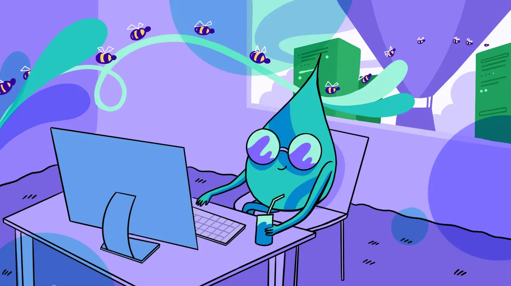 A cool Elixir drop characters wearing sunglasses, sitting at home on a computer. A swoosh goes from the computer to a Fly.io balloon outside. There are bumblebees following the swoosh to the Fly balloon.