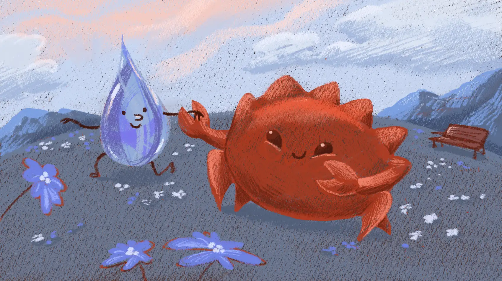 An purple droplet representing Elixir and a red crab, Ferris, representing Rust.