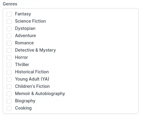 Screenshot of a multi-select checkbox group input with book genre names.