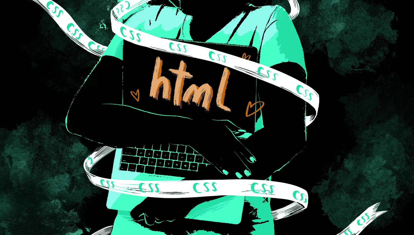 A person clutching an open laptop to their chest, face-out so we can read the screen, which just says 'HTML'. Little love-hearts emanate from the screen. There's a ribbon spiralled loosely around person and computer, with 'CSS' printed repeatedly along its length.