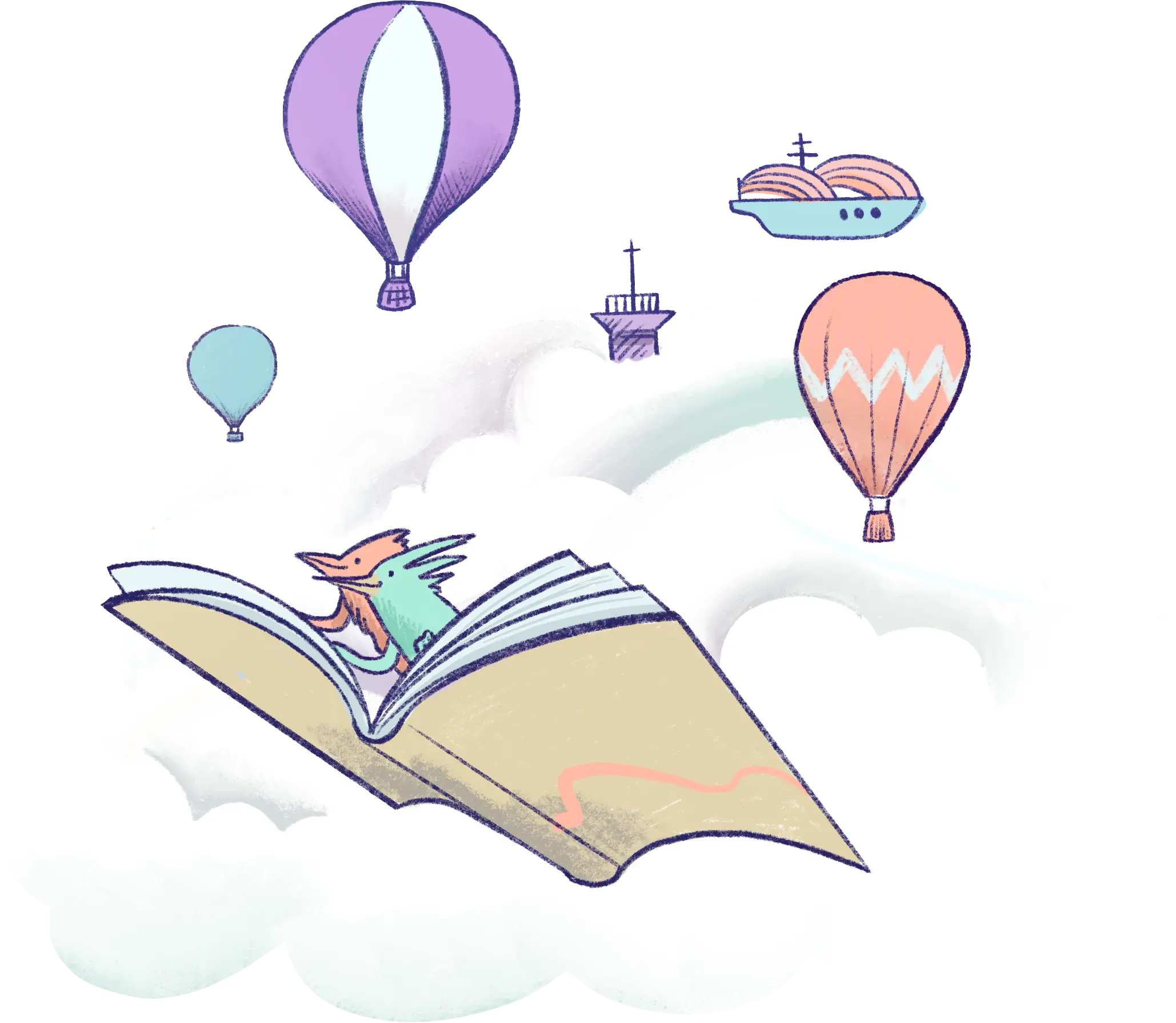 An illustration of a couple of birds in an open book, flying in the clouds, surrounded by hot air balloons.