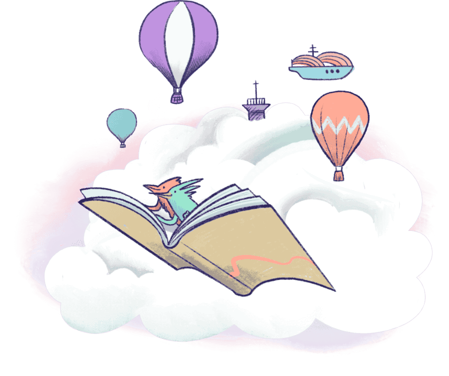 An illustration of a couple of birds in an open book, flying in the clouds, surrounded by hot air balloons.