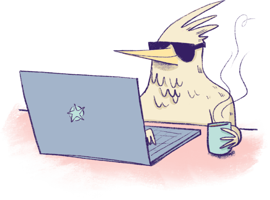 An illustrated bird wearing sunglasses, looking rather cool sat at its laptop with a cup of coffee in its feathery hand.