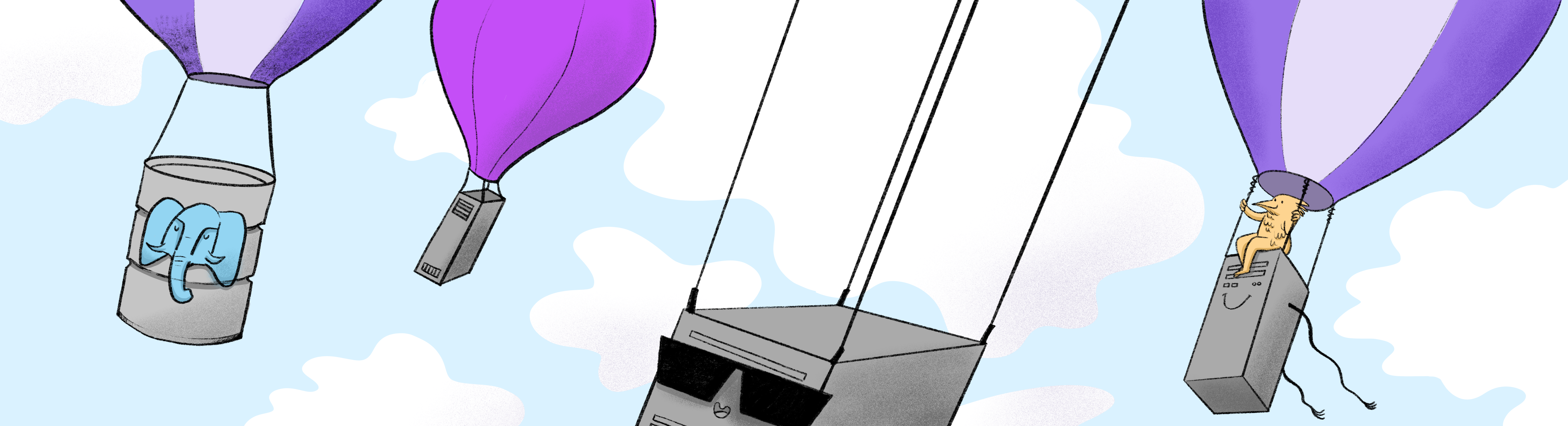 Illustration of hot air balloons carrying a Postgres elephant, servers, and other Fly.io hardware