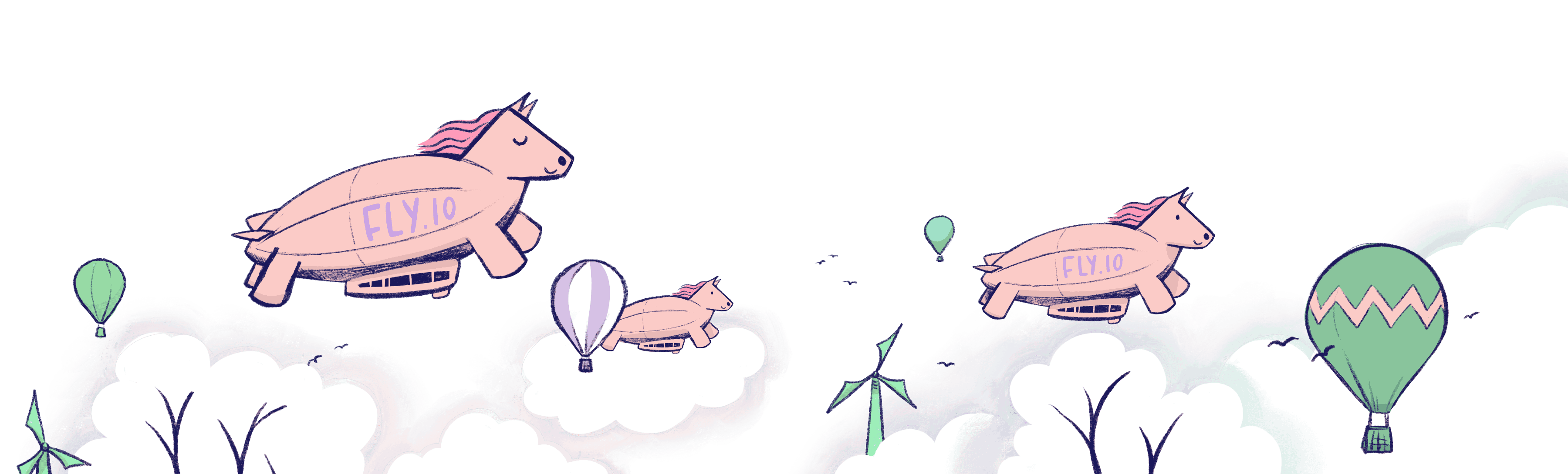 A whimsical drawing of horse-themed blimps flying through a cloudy background.