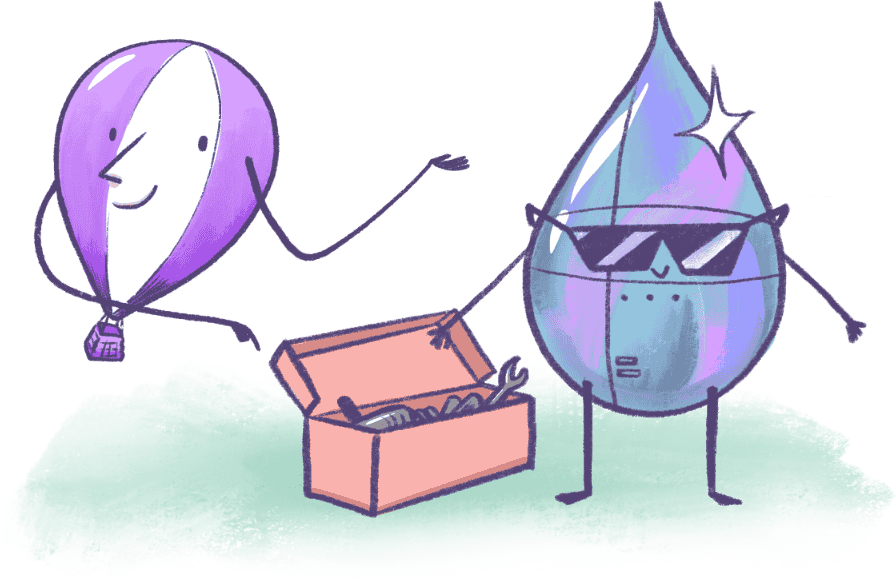 An illustration of Frankie the balloon pointing at a newly made robot in the shape of a raindrop.
