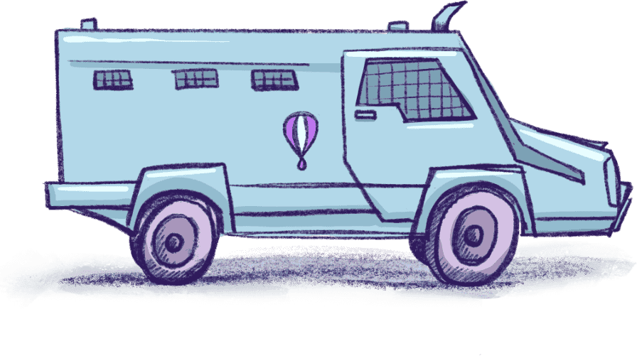 An illustrated armored car branded with the Fly.io logo.
