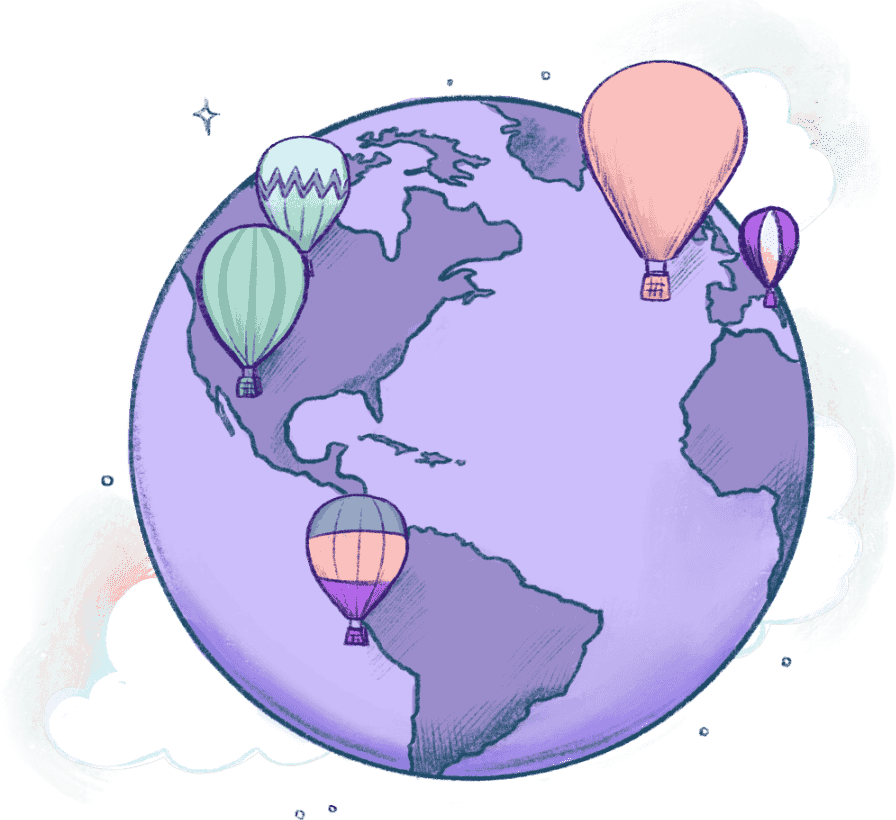 An illustrated globe littered with hot air balloons flying above.