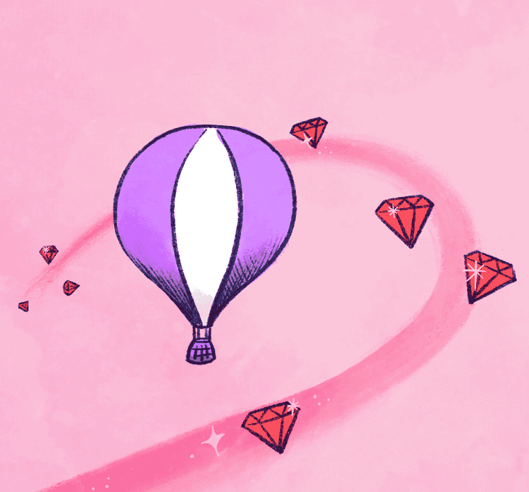 An illustrated hot air balloon being carried by an air current full of ruby gems.
