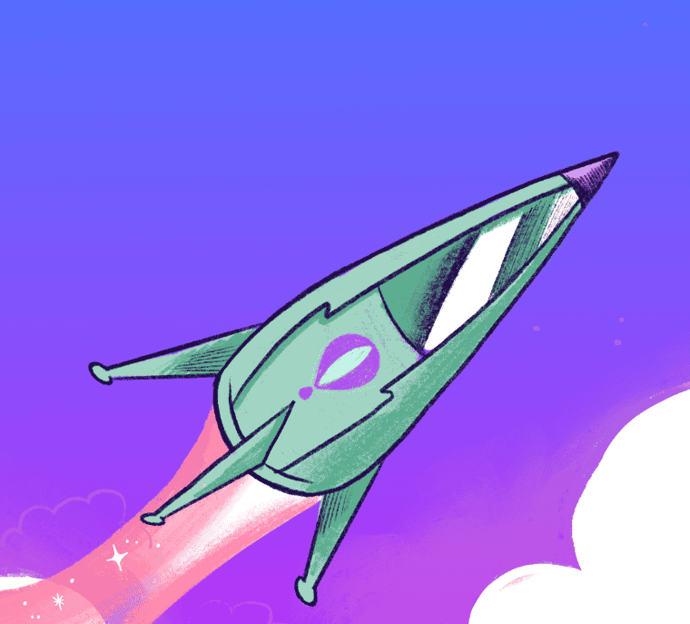 An illustrated Fly.io-branded rocket ship flying through space.