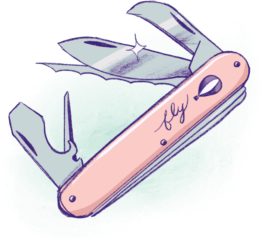 An illustrated Swiss Army Knife branded with the Fly.io logo.