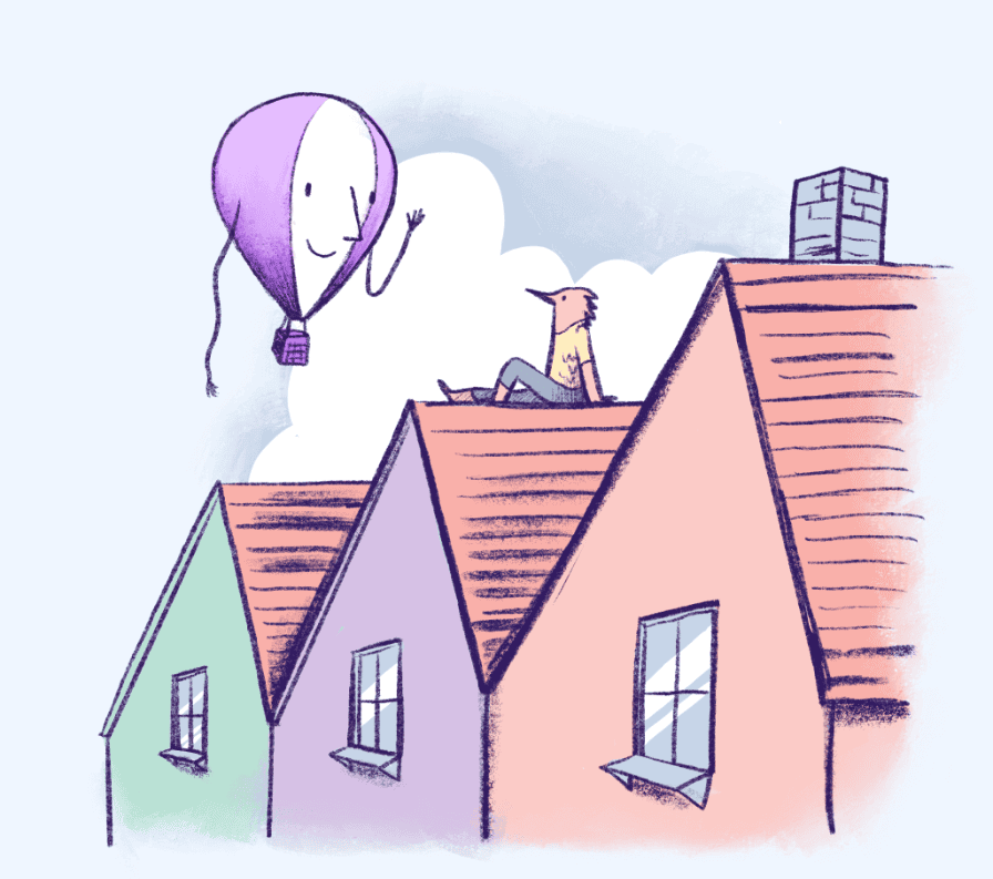 An illustration of Frankie the balloon waving at a bird sitting on a house roof.