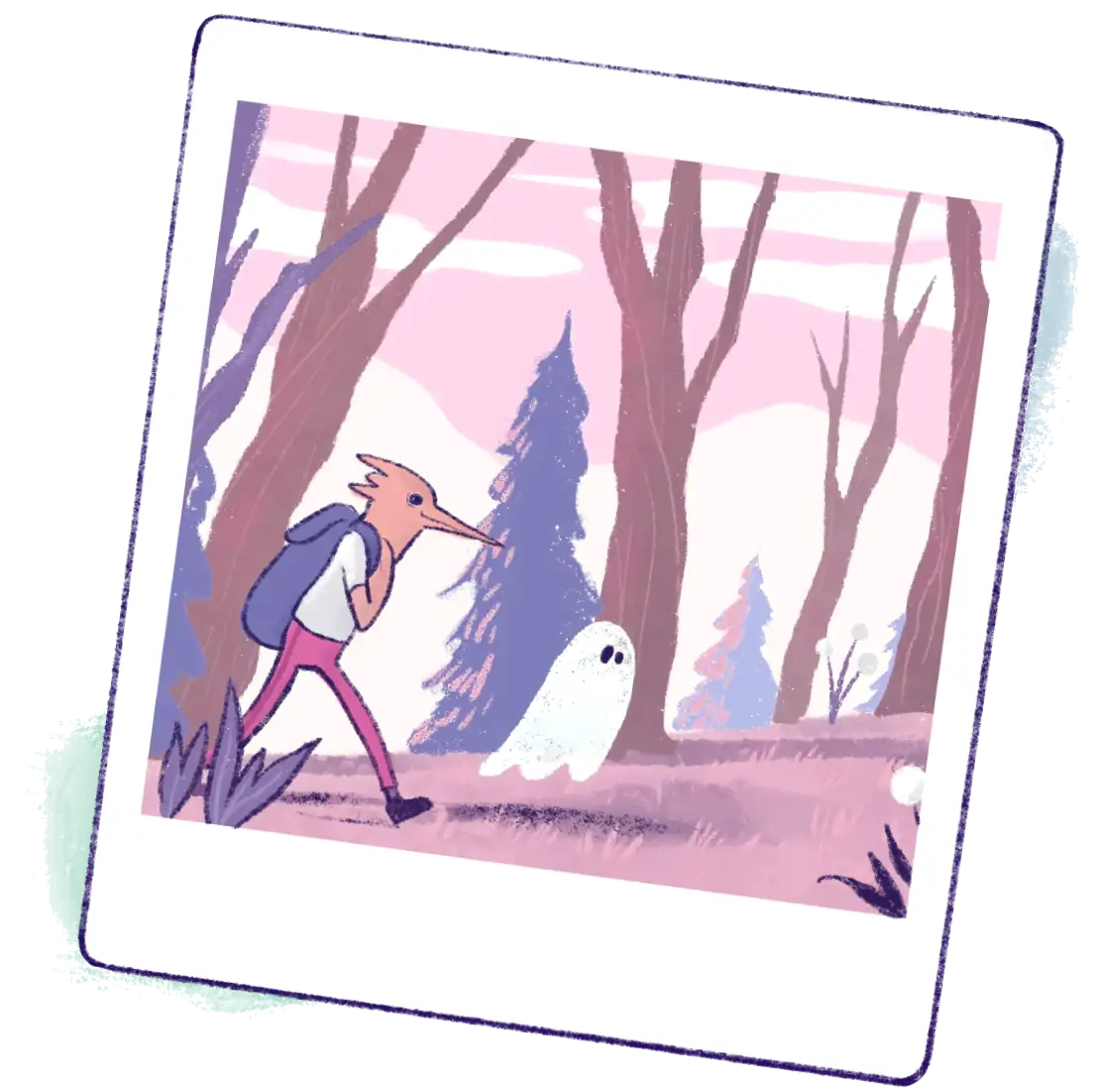 A whimsical drawing of a ghost and a bird man backpacking in the woods.