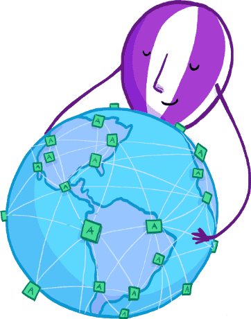 The Fly balloon mascot holding globe that shows app locations all around the world