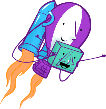 The Fly balloon mascot riding a jet pack and carrying an app