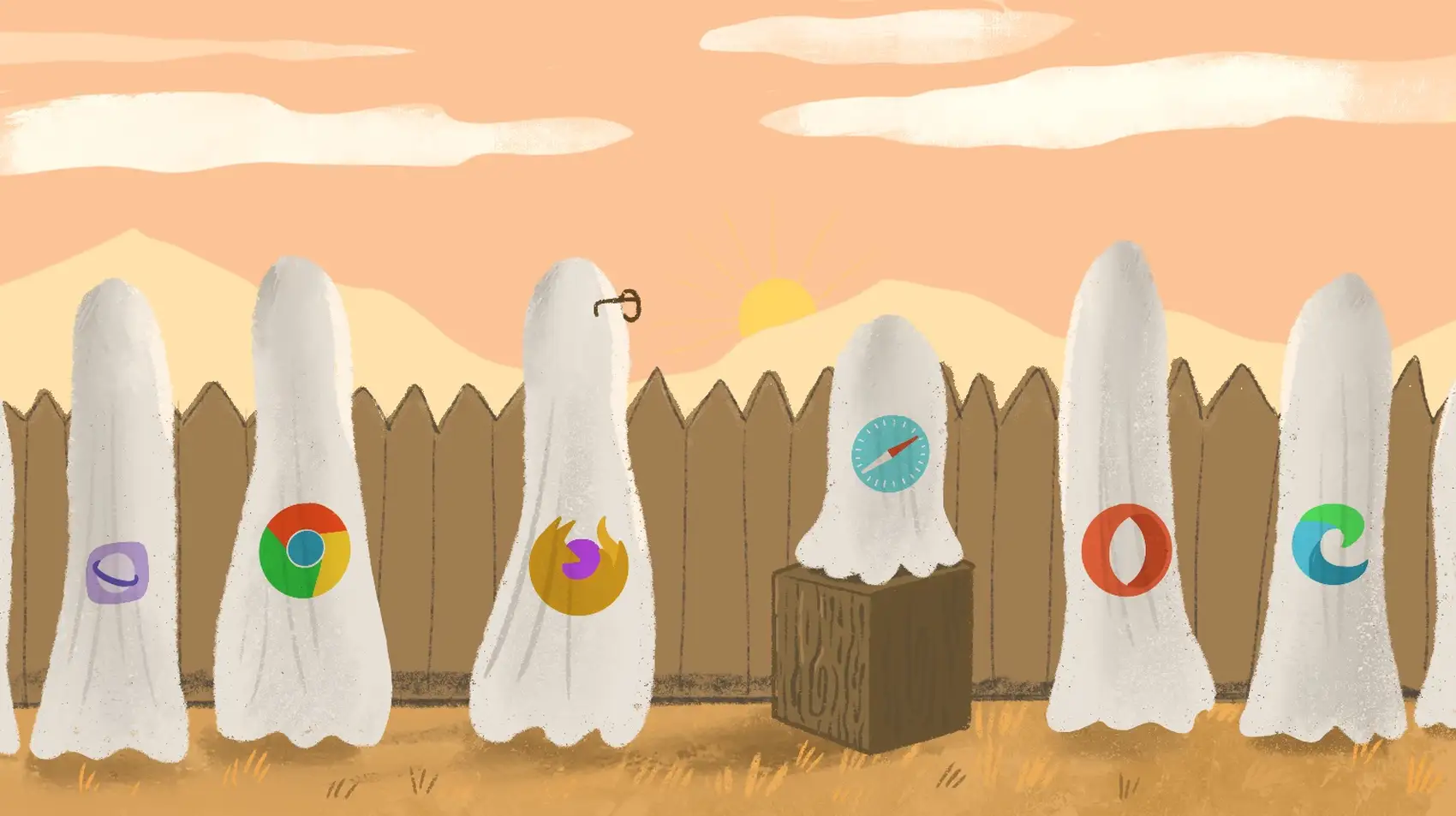 ghostly figures with browser icons looking over a fence.  The Safari ghost is standing on a wooden box enabling it to see over the fence.