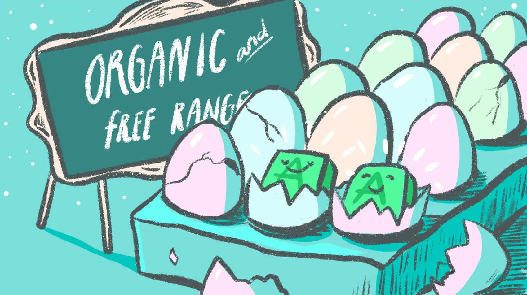 Sign reading "organic and free range" on a stand behind a carton of eggs. Inside each egg is an application.
