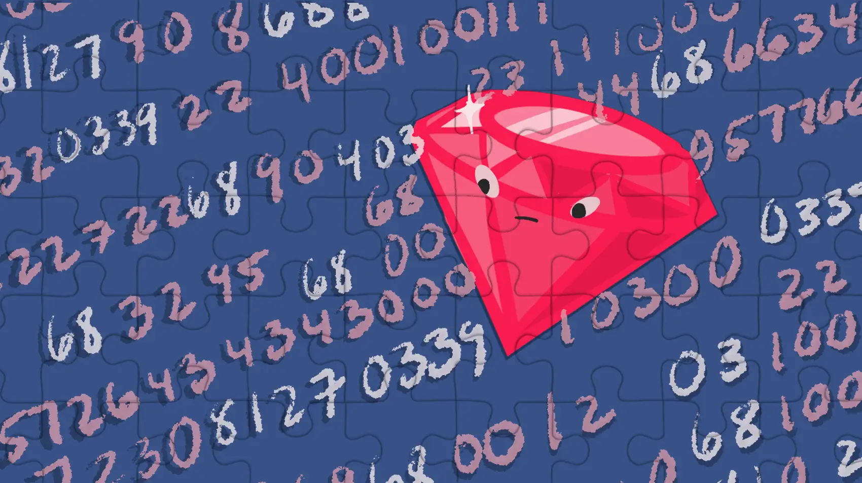 A jigsaw puzzle of a Ruby gem floating through a field of numbers and patterns.