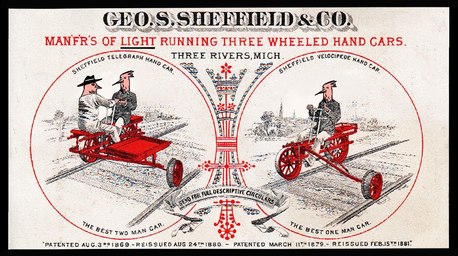 SQLite characters operating a handcar on a train track