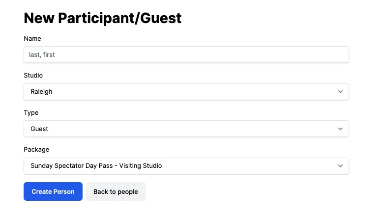 New Participant/Guest form with inputs for Name, Studio, Type, and Package. Type is set to Guest. There are two buttons: Create Person, and Back to People.
