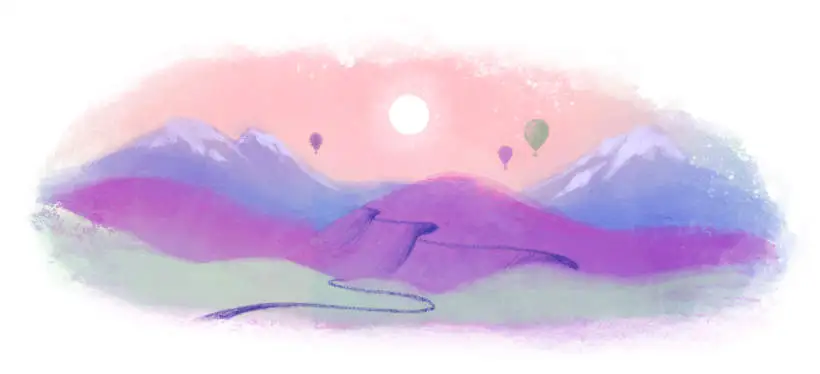 A landscape painting with hot air balloons flying over a mountain range.