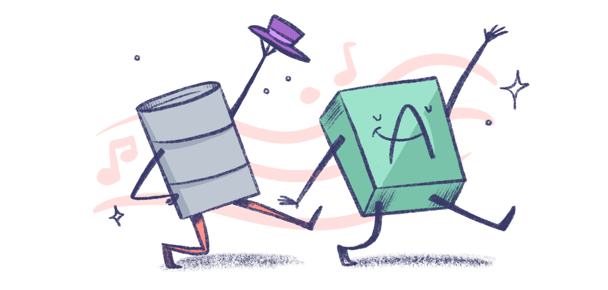 Illustration by Annie Ruygt of a green block with A written on it, followed by a database stack in a dancing move