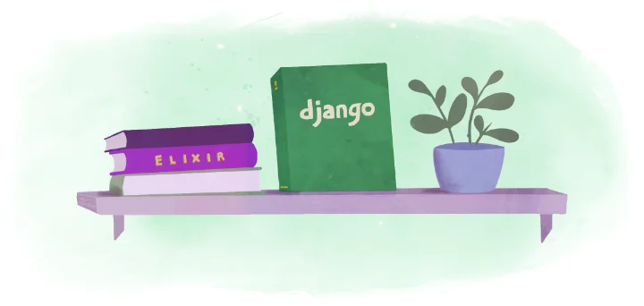 Green book titled Django on a shelf with other books and a plant
