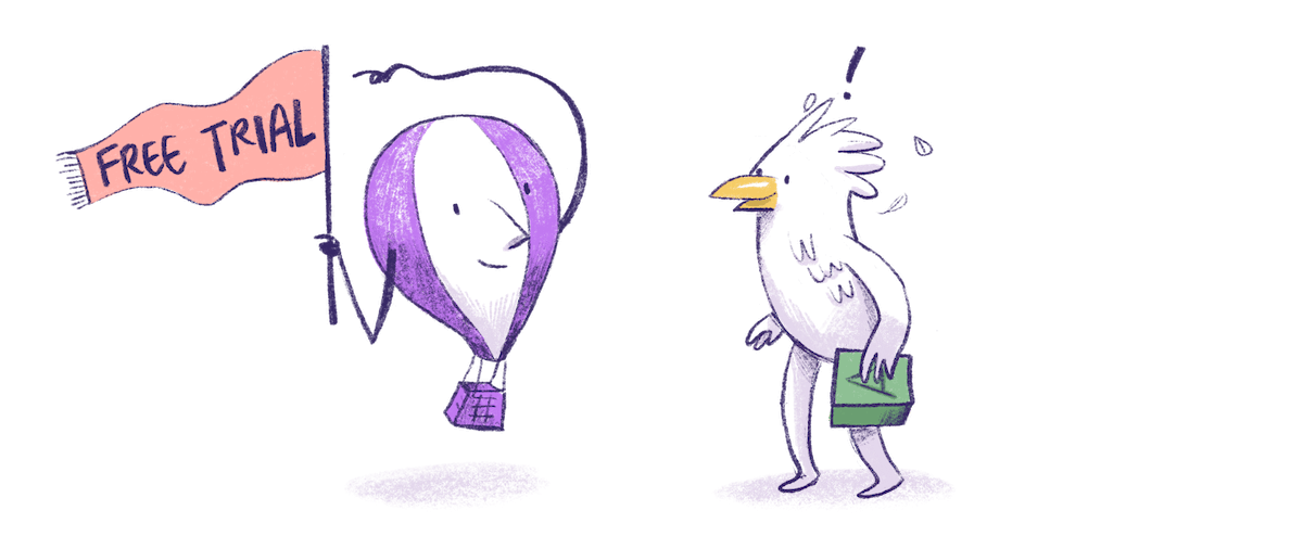 Illustration by Annie Ruygt of a Frankie the hot air balloon showing a Free Trial banner to his developer friend who carries an app