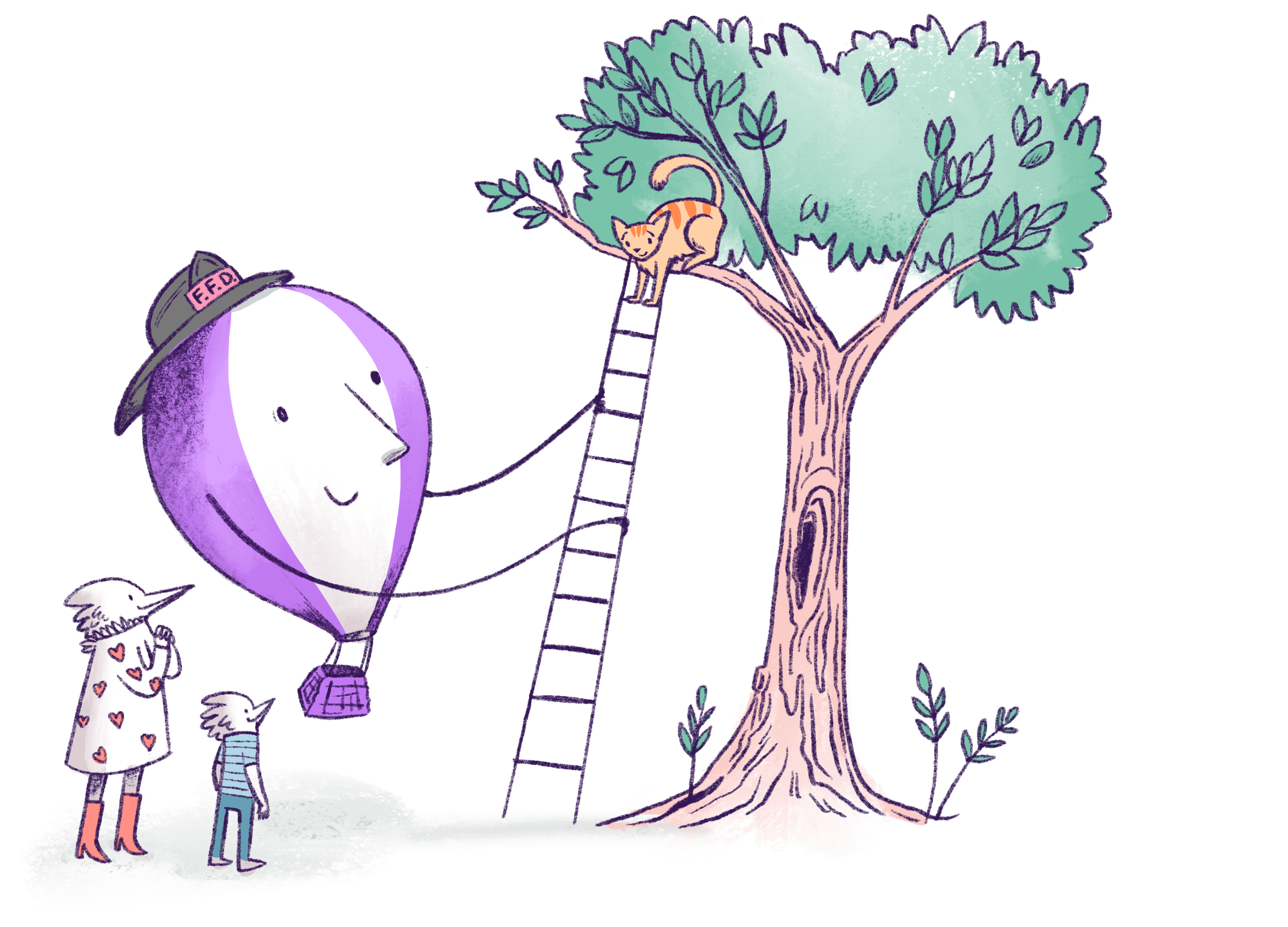 Illustration by Annie Ruygt of Frankie the hot air balloon wearing a fireman hat, putting a ladder on a tree to save a cat